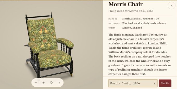 Information page about the Morris Chair designed by Philip Webb for Morris & Co. in 1866, featuring a photo of the green patterned armchair.