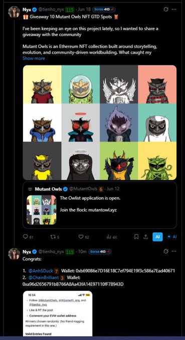 The image shows a social media post featuring a group of cartoon owl faces arranged in rows with various colors. The post includes text that reads, "10 spots available, yet only 2 people signed up maybe the NFT hype isn't what it used to be, or maybe i need to work on my fame lmaooo either way, congratulations to the winners! make sure to check your notifications and don’t miss out". The post seems to be about a contest for cartoon owl characters.