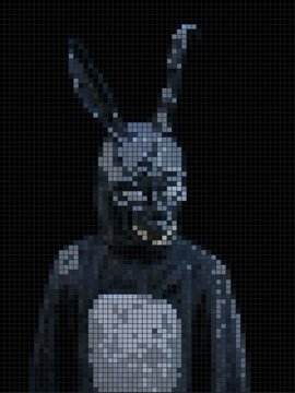A dark, pixelated/glitch-style illustration of a menacing rabbit figure, resembling a horror-themed version of a bunny character.