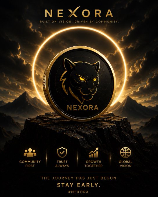 A promotional poster for 'NEXORA' featuring a black coin with a panther emblem glowing with golden eyes against a dramatic sky, with text reading 'BUILT ON VISION, DRIVEN BY COMMUNITY' and 'THE JOURNEY HAS JUST BEGUN. STAY EARLY. #NEXORA'.