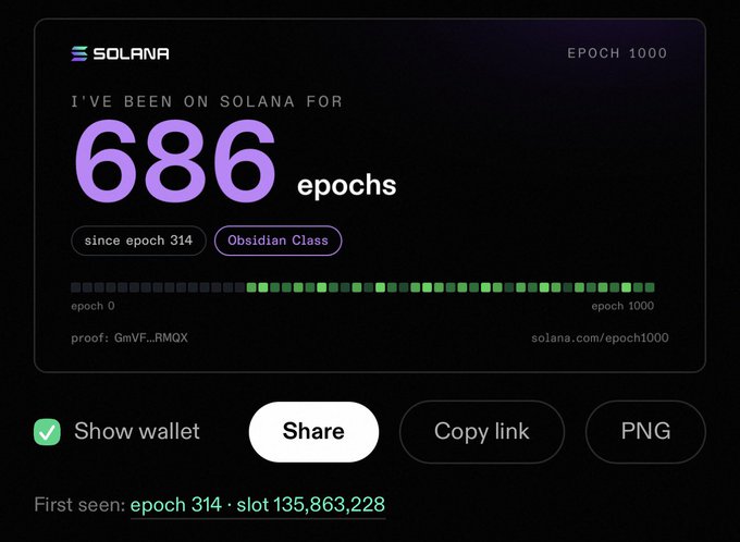 A Solana Epoch 1000 badge displays that the wallet has been on Solana for 686 epochs since epoch 314, achieving "Obsidian Class" status with the verification proof "GmVF...RMQX." The post expresses love for Solana, and the image serves as a shareable proof of long-term loyalty and participation in the network, aligning with the celebratory tone of the post.