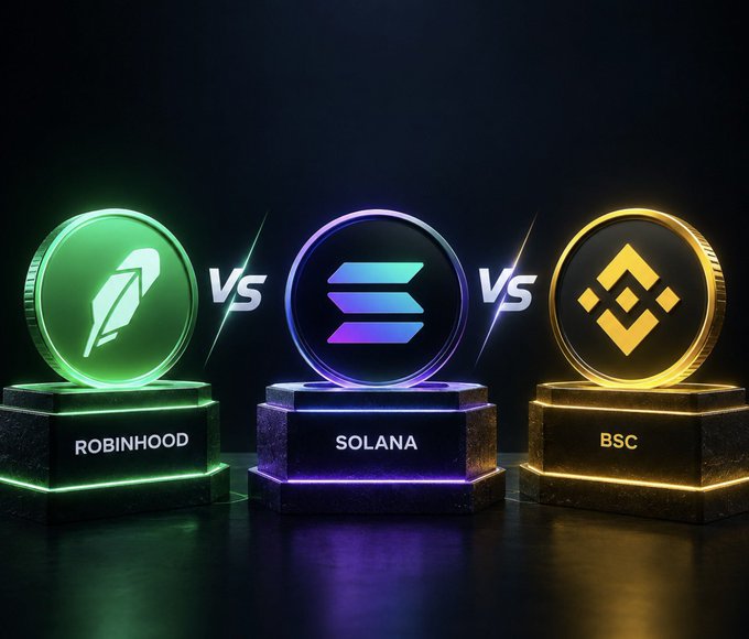 A 3D rendering showing cryptocurrency logos for ROBINHOOD, SOLANA, and BSC displayed on illuminated pedestals, separated by "VS" text.
