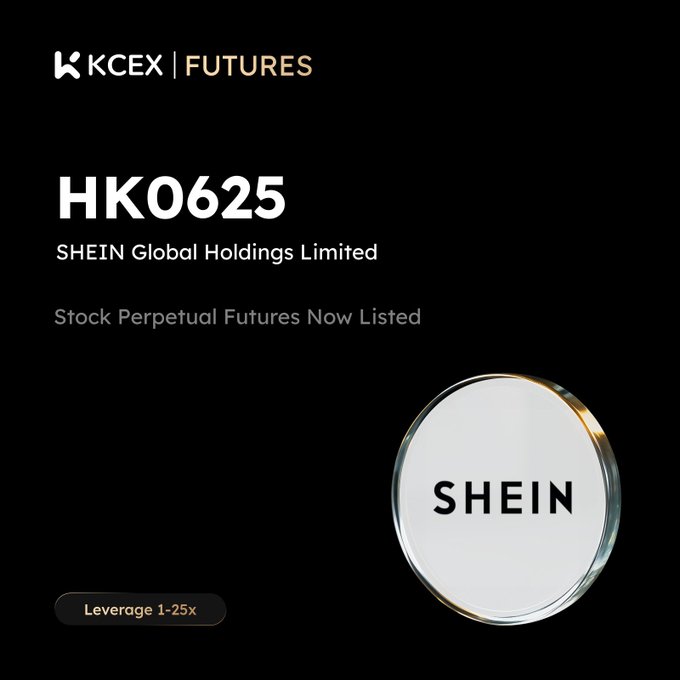 An advertisement for KCEX Futures listing HK0625 (SHEIN Global Holdings Limited) Stock Perpetual Futures with 1-25x leverage.