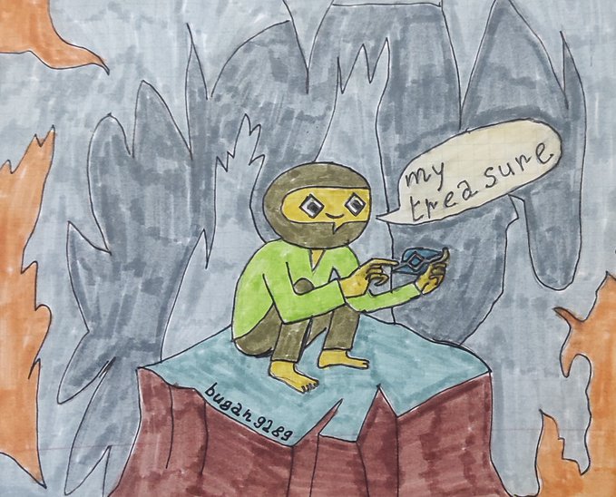 A hand-drawn illustration of a small green character with a speech bubble reading 'my treasure,' sitting on a blue platform surrounded by flame-like shapes, signed 'bugg 01.29.'