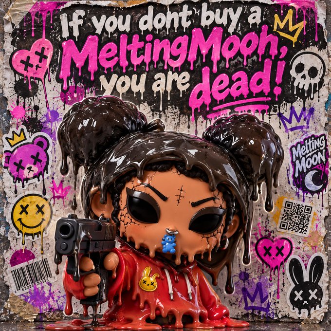 Street art-style promotional image featuring a creepy doll-like figure with melting black hair and a red outfit holding a gun, set against a graffiti-covered wall with the text 'If you dont buy a MeltingMooh, you are dead!' along with various doodles, a QR code, and a barcode.