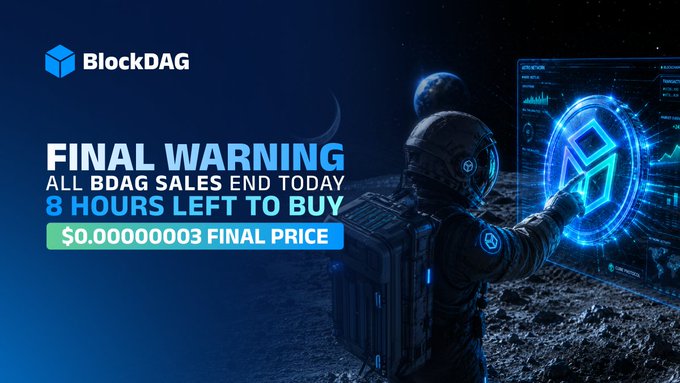A dramatic space-themed promotional banner for BlockDAG featuring an astronaut reaching toward a glowing digital interface, overlaid with the urgent message "FINAL WARNING: ALL BDAG SALES END TODAY, 8 HOURS LEFT TO BUY, $0.00000003 FINAL PRICE"—visually reinforcing the time-sensitive call-to-action of the post.