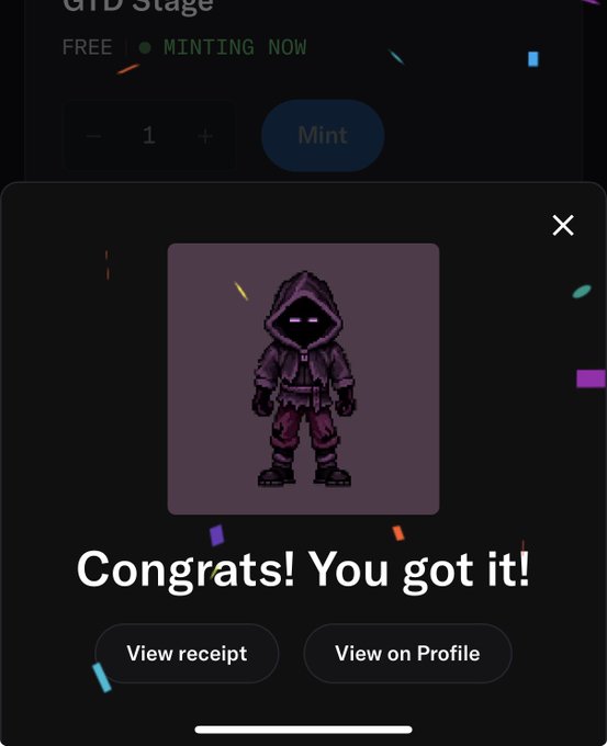 A celebratory NFT minting confirmation screen displays "Congrats! You got it!" featuring a pixel art hooded character in purple robes with glowing pink eyes, alongside "View receipt" and "View on Profile" buttons. This visually confirms the successful mint of an Elementborns NFT, celebrating the collaboration between @elementborns, @yuzodotxyz, @Hoods_works, and @exitlabsdotfun as noted in the post.