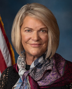 An official portrait photograph of a blonde woman wearing a colorful purple, black, and white patterned scarf against a blue backdrop with an American flag visible on the left.