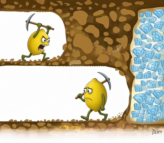 A cartoon illustration depicts two lemon miners with pickaxes in a dirt cave, one excitedly approaching a wall of sparkling blue diamonds.