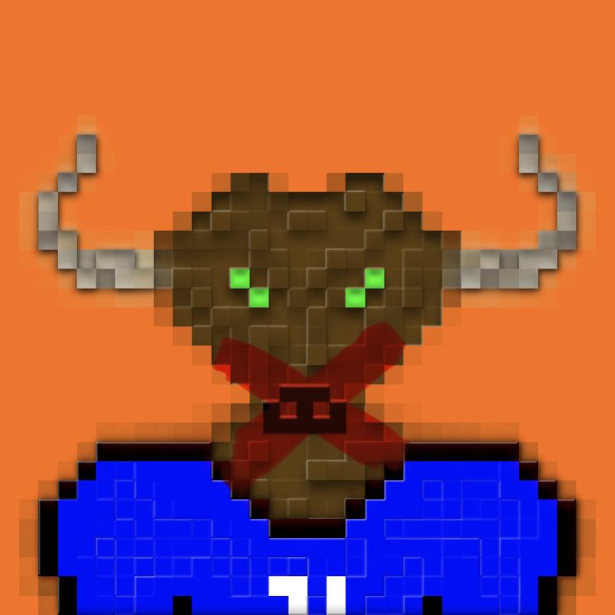 Pixel art depiction of a horned creature with glowing green eyes against an orange background, wearing a blue garment.