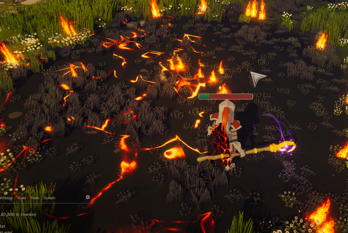 A video game screenshot showing a character with a scythe standing in a dark, burning landscape with patches of grass and lava-like patterns on the ground.