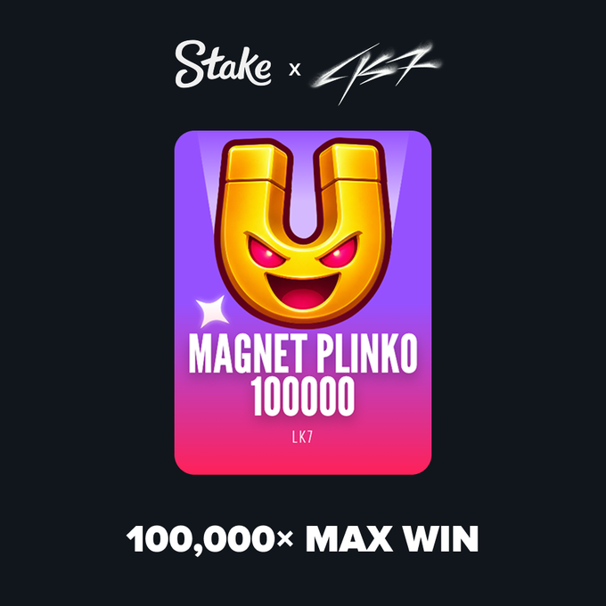 Promotional graphic for Stake x Magnet Plinko 10000, featuring a golden magnet character on a purple-to-pink gradient background, highlighting the "100,000× MAX WIN" tagline and aligning with the post's announcement of the new Plinko game available on Stake.