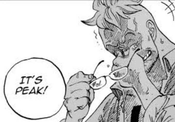 A black and white manga panel shows a sweating man with glasses taking them off, saying 'IT'S PEAK!' in a speech bubble.
