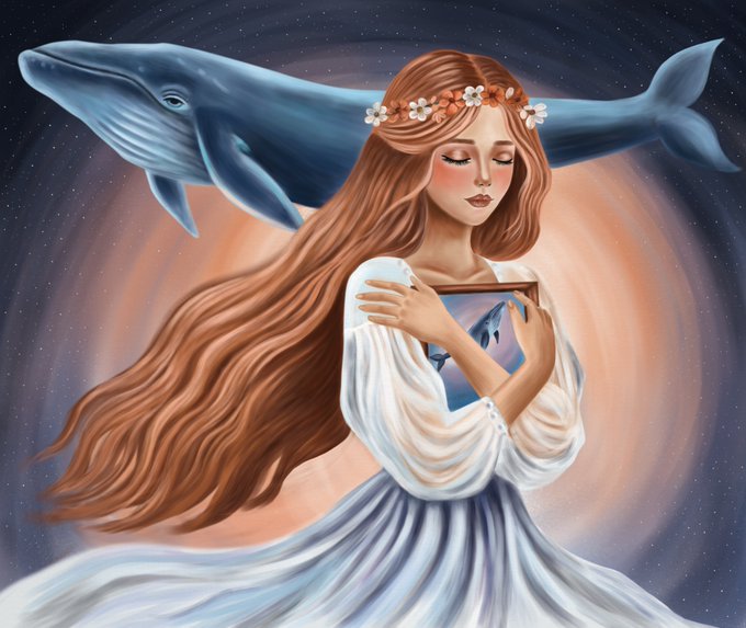 A serene young woman with flowing auburn hair and a floral crown cradles a framed picture of a whale against her chest, while a large blue whale swims through a starry cosmic background behind her. The artwork visually embodies the post's theme of "A Presence She Never Knew," depicting a mystical, spiritual connection between the woman and the whale that transcends physical reality—suggesting an unseen bond or kinship being revealed.
