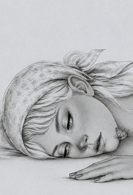 A detailed black-and-white pencil drawing of a sleeping girl wearing a floral-patterned headband, with a small butterfly resting near her mouth.