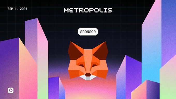A stylized digital illustration titled 'METROPOLIS' dated SEP 1, 2026 shows a geometric orange fox head labeled 'SPONSOR' against a backdrop of colorful skyscrapers.