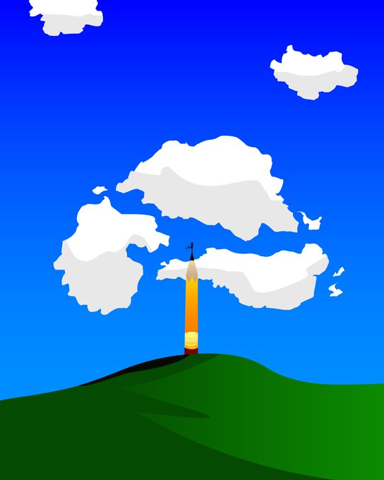 A digital illustration of a giant pencil standing upright on a green grassy hill against a bright blue sky with white clouds.