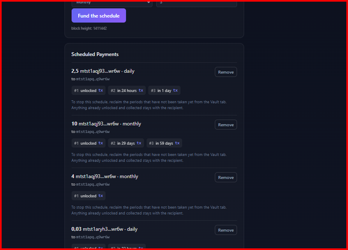 A dark-themed user interface displaying 'Scheduled Payments' with a list of transactions in mts1aq currency, including amounts like 2.5, 10, and 4 with daily and monthly frequencies, alongside 'Remove' buttons.