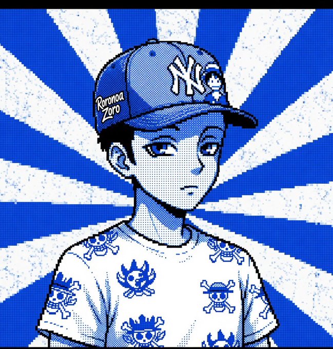 An anime-style blue and white halftone illustration of a boy wearing a 'Roronoa Zoro' New York Yankees cap and a t-shirt with Straw Hat Pirates skull logos.