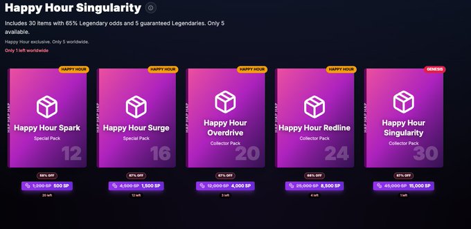 A 'Happy Hour Singularity' promotional page featuring five purple gradient packs (Spark, Surge, Overdrive, Redline, Singularity) with prices ranging from $1,500 SP to $15,000 SP and varying SP bonuses.
