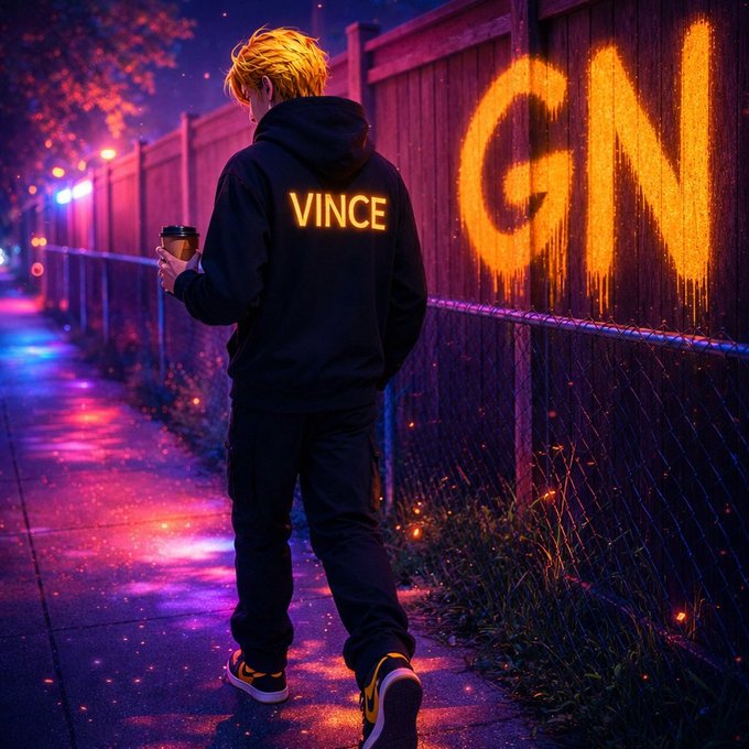The image features a person walking down a sidewalk at night, holding a cup of coffee. The background includes a fence with graffiti on it, which has the word "gn" written on it. There are also neon lights visible in the scene, adding to the overall atmosphere. The caption for this image reads: "Goodnight peeps I earned 5 Quacks on @wallchain in one day See you all tomorrow".