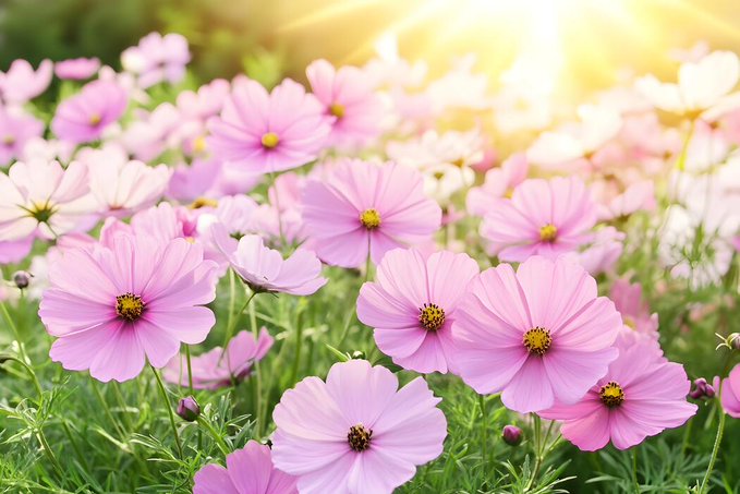 The image features a field of flowers, predominantly pink and white, with some purple ones as well. The sun shines brightly over the scene, casting light from behind and creating a warm glow that highlights the beauty of the flowers. The flowers are scattered throughout the field, filling up most of the frame. In the background, there is a tree visible, adding depth to the image and providing a sense of scale for the size of the flowers in the foreground.