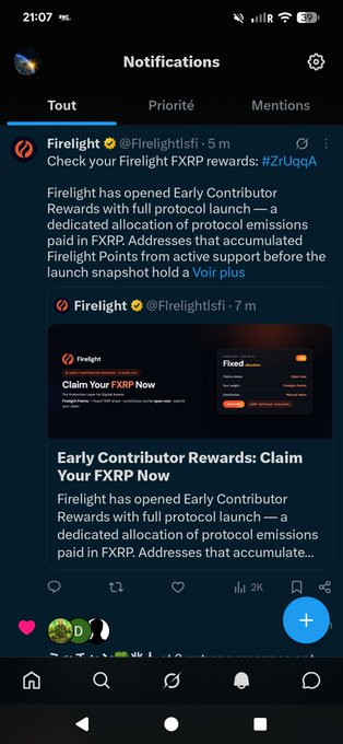 A mobile Twitter/X notifications screen showing tweets from 'Firelight @Firelightsfi' announcing Early Contributor Rewards for claiming FXRP, with 2K interactions.