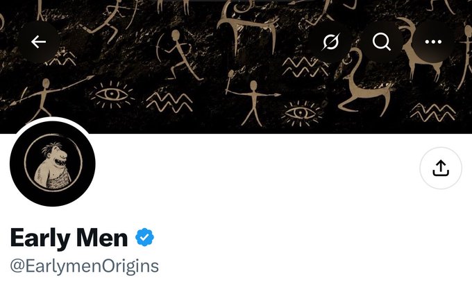 The image shows a Twitter/X profile page for "Early Men" (@EarlymenOrigins) with a verified blue checkmark, featuring a cave-painting style header depicting stick figures, eyes, and animals on a dark background, and a circular profile picture showing a cartoon caveman character. This profile relates to the post announcing a collaboration with "2222 Supply Robinhood Chain," suggesting Early Men Origins is a partner in this Web3/blockchain project.