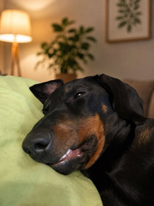 A close-up photo of a black and tan Doberman Pinscher resting its head contentedly on a light green cushion in a cozy living room setting.