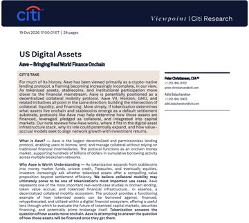 A digital newsletter or article excerpt from Citi Research dated '19 Oct 2026' featuring a 'Citi' logo, with the headline 'US Digital Assets' and a sub-heading discussing 'Aave — Bringing Real World Finance Onchain'.