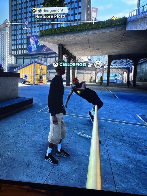 A screenshot of a skateboarding video game showing two characters at a location called 'Hedgemont' in 'Hardcore Plaza', with usernames 'CEELOSFIGG' and 'TRJ' visible.