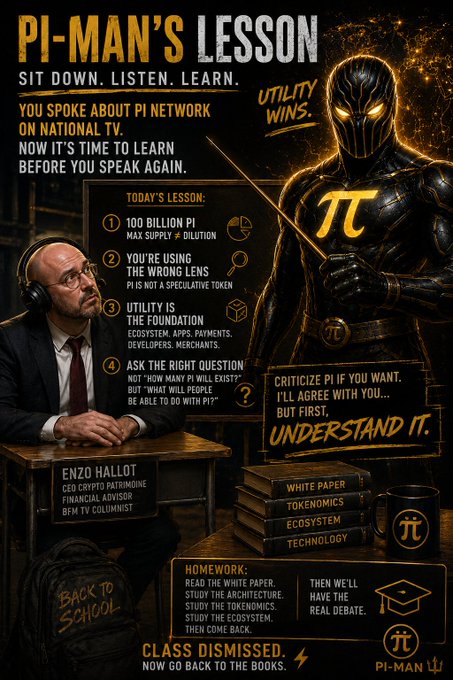 A satirical "Back to School" graphic titled "PI-MAN" featuring a teacher-like figure labeled "Class Dismissed," addressing "Mr. Enzo Hallot" (Enzo Hallot) — CEO of Crypto Patrimoine — with Pi Network branding and the phrase "Now go back to the books," mocking critics of the Pi Network project.

The image's central text reads: "2.21 BASIC AND DILUTED SHARES USED IN COMPUTING EARNINGS PER EQUITY SHARE," along with "SCAN-INDEX >> SHEET 181 of 185," "CLASS DISMISSED," and "BACK TO SCHOOL."