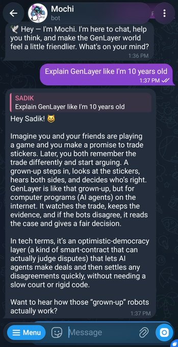 A Telegram chat with Mochi bot explaining GenLayer by comparing it to a grown-up referee who watches over AI agents on the internet and settles their disagreements, described as "optimistic-democracy layer" that lets AI agents make deals and resolve disputes without rigid code.