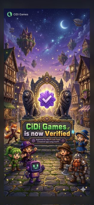 The image features a poster advertising a video game called CiDi Games, which has been officially released for play. The poster showcases a group of characters from the game, including a dragon, a knight, and a wizard, standing together on a cobblestone street. The background is filled with stars and buildings, creating an immersive gaming atmosphere. The text on the poster announces that CiDiGames is now Verified, indicating that the game has been officially recognized by picoreteam.