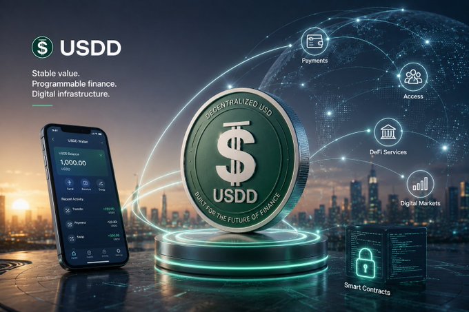 Promotional graphic for 'USDD' stablecoin, featuring 'Decentralized USD' text, a coin, a wallet app, and icons for Payments, Access, DeFi Services, Digital Markets, and Smart Contracts.