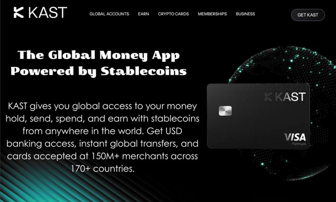 The image features a website for KAST Global Money App powered by stablecoins. The main focus of the image is a black background with white text, which reads "KAST gives you global access to your money held, send, spend, and earn with stablecoins from anywhere in the world. Get USDS". This message highlights the app's ability to provide users with the freedom to manage their finances across borders without being limited by traditional banking systems or outdated financial structures. The image also includes a logo for KAST on the left side of the screen and a payment gateway icon, which suggests that the app is ready to accept payments from various countries.