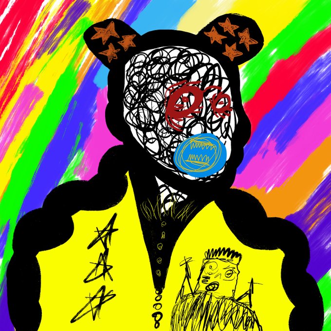 A vibrant, chaotic drawing of a black bear-like figure with a scribbled white face, red eyes, and a blue pacifier, wearing a yellow shirt with a small hand-drawn face on it, set against a background of colorful brushstrokes.