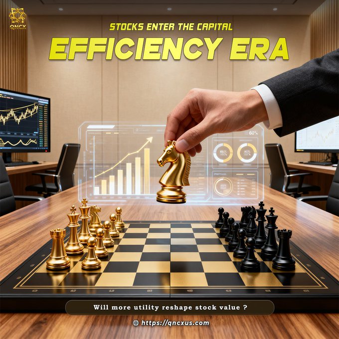 A hand moves a golden chess knight above a board of gold and black pieces, with a glowing holographic chart showing rising metrics behind it, overlaid with the text "STOCKS ENTER THE CAPITAL EFFICIENCY ERA" and "Will more utility reshape stock value?" at qncxus.com—visually symbolizing the strategic shift toward tokenized, utility-driven equity markets.