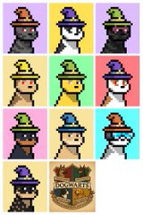 A pixel art sprite sheet displays various character variations in different hats and colors, with one cell labeled 'HOGWARTS' showing a hooded figure.