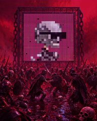 A pixel-art illustration depicts a concert scene with a skeleton face displayed on a large screen above a crowd of silhouetted figures, all bathed in red light.