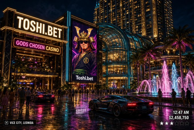 A vibrant nighttime scene in Vice City, Leonida showcases the Toshi.Bet "Gods Chosen Casino," featuring a large billboard of a samurai-styled character, a sleek sports car parked near colorfully illuminated fountains, and an on-screen display reading 12:47 AM with a balance of $2,458,750.