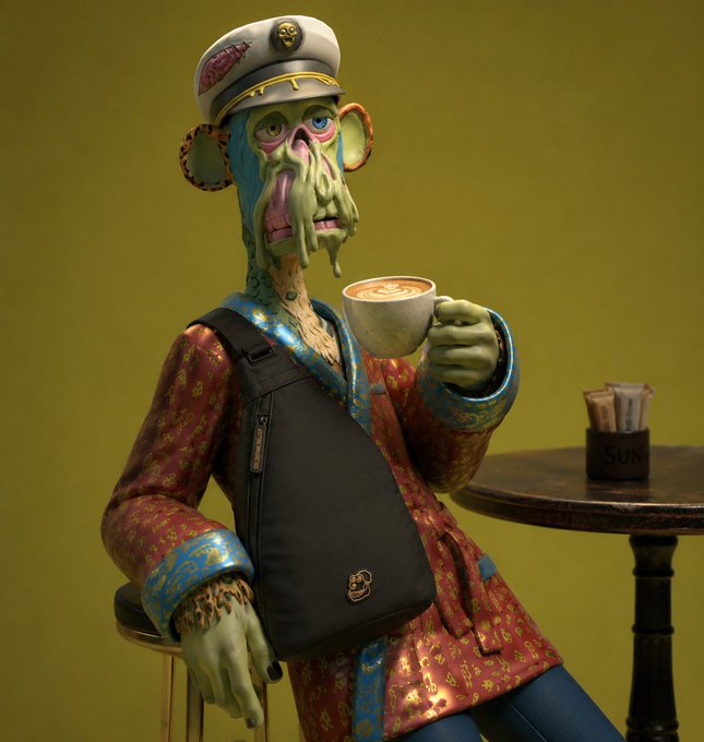 A surreal 3D-rendered figurine of a green-skinned zombie-like character wearing a captain's hat and a red and gold patterned robe with blue trim, holding a latte cup while seated at a wooden table marked 'SUN'.