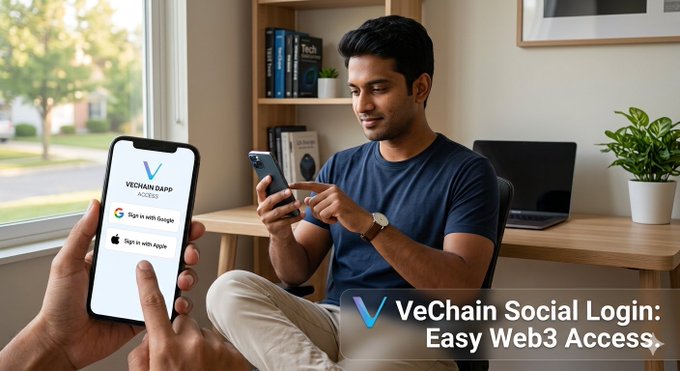 A man sits in a bright home office scrolling on his smartphone, while a foreground hand holds up a phone displaying the "Vechain Dapp Portal" sign-in screen with "Sign in with Google" and "Sign in with Apple" options. The image directly illustrates the post's message about VeChain's new "Social Login" feature, which simplifies Web3 access by allowing users to log in with familiar Google or Apple credentials instead of complex passwords or seed phrases, with the caption "VeChain Social Login: Easy Web3 Access" reinforcing the $VET functionality.