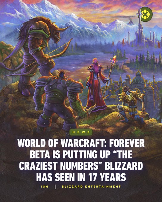 News article cover featuring World of Warcraft: Forever beta artwork with the headline "WORLD OF WARCRAFT: FOREVER BETA IS PUTTING UP 'THE CRAZIEST NUMBERS' BLIZZARD HAS SEEN IN 17 YEARS" from IGN | Blizzard Entertainment.