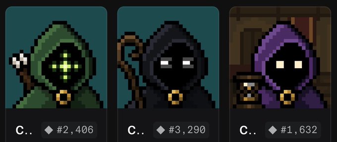 Three pixel-art character icons of hooded figures in green, black, and purple cloaks, each holding a staff, with values '#2,406', '#3,290', and '#1,632' displayed below them.