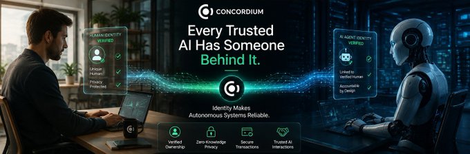 A Concordium banner featuring a human developer and a humanoid robot at laptops, connected by a glowing data stream highlighting "Verified" identity and AI agent badges, with the headline "Every Trusted AI Has Someone Behind It" and the tagline "Identity Makes Autonomous Systems Reliable." The image illustrates the post's message about protocol-level identity enabling trustworthy AI agents through verified human and AI counterparties on the Concordium network.