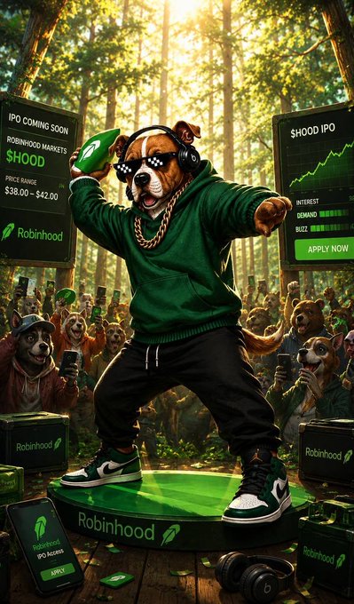 An AI-generated promotional image features a bulldog wearing sunglasses, headphones, and a gold chain, dancing on a Robinhood platform in a forest, surrounded by cheering bears and screens advertising the '$HOOD' IPO.