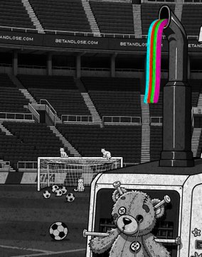 A grayscale image of a teddy bear character in a soccer uniform standing in a stadium with soccer balls and a goal, with a color-pop rainbow smoke trail emerging from a pipe and 'BETANO.SE.COM' banners visible.