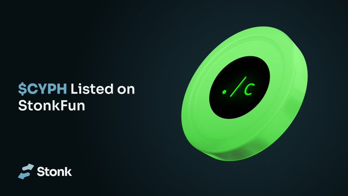 A promotional graphic featuring a green 3D token with "./c" on its face, alongside text reading "$CYPH Listed on StonkFun" with the Stonk logo, announcing the pairing of the $CYPH token from Cypherpunk on the StonkFun platform.
