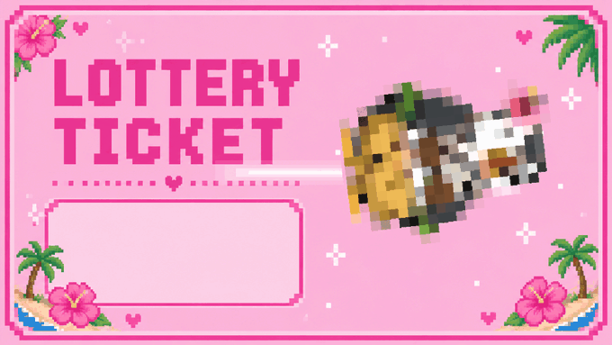 A pink pixel-art lottery ticket template featuring hibiscus flowers, palm trees, hearts, and a pixelated tiki mug, with "LOTTERY TICKET" in bold magenta text and an empty box for custom text.